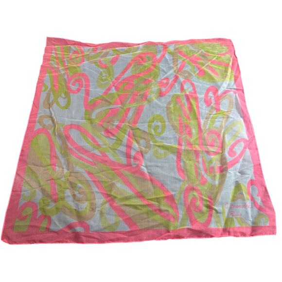 Vtg Square Scarf- C esandre Paris- Pink Yellow Abstract Design- 28.5" some wear - Picture 2 of 5